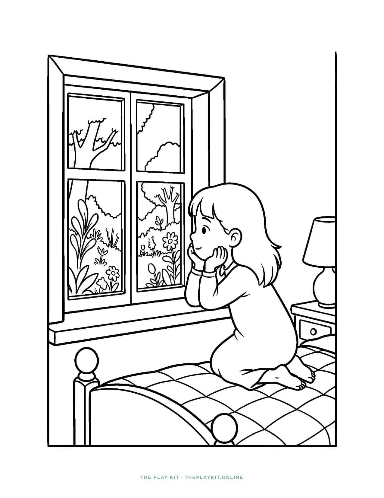 The matching coloring page: the same girl at the same window, as black line art on a white sheet.