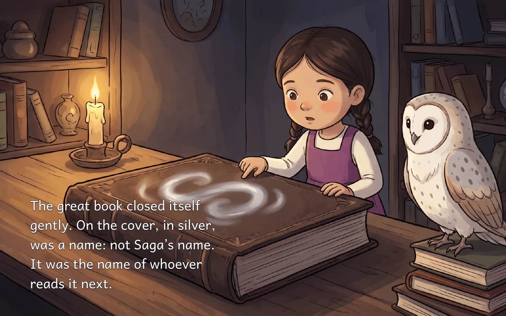 A page from The Keeper of the Unwritten Book: a girl and a barn owl watch a great book close itself by candlelight, with the story text set on the left.