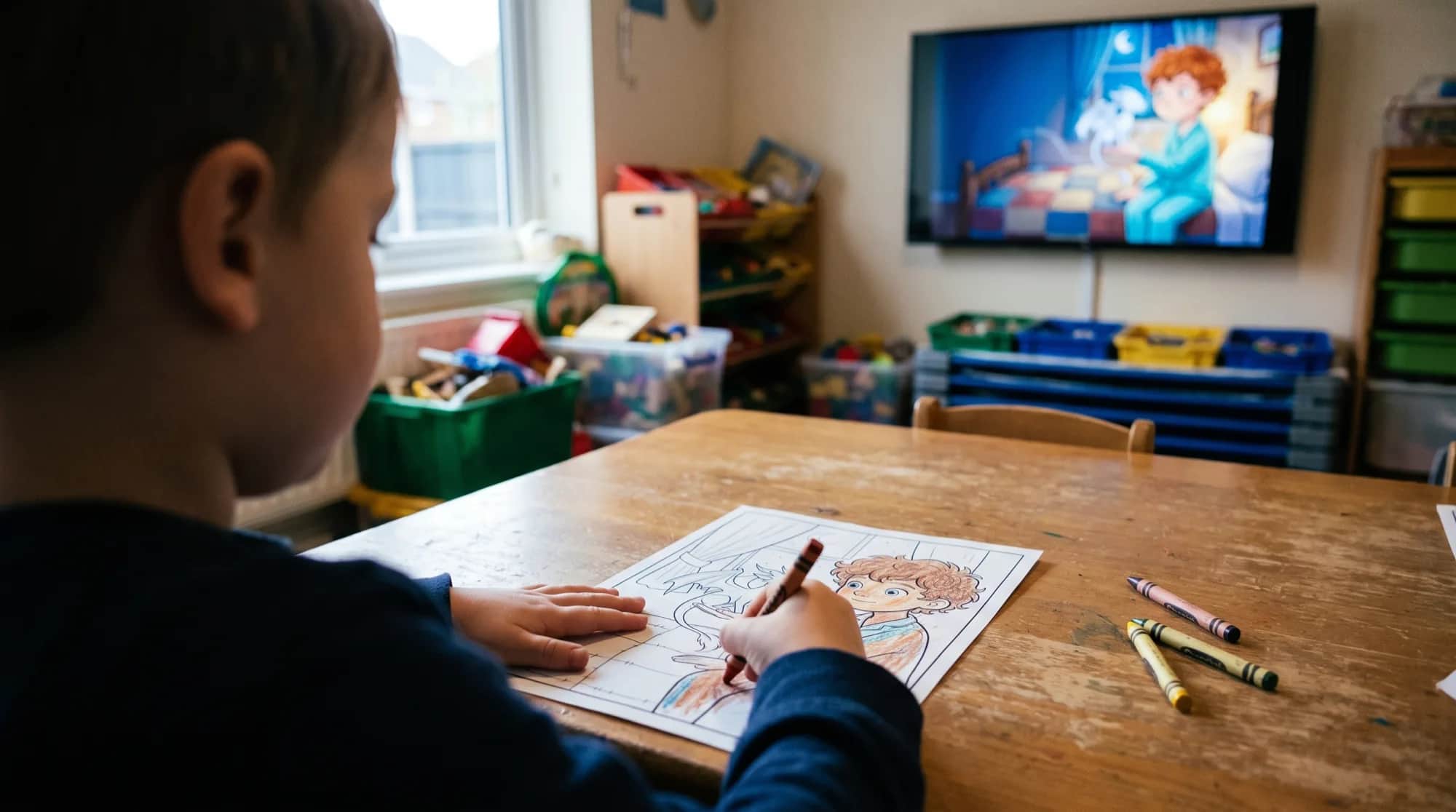 Seen over a child's shoulder in a nursery classroom: they are coloring a printed sheet of a boy with a small dragon perched on his hand, while the same scene plays in full color on the classroom screen ahead of them.