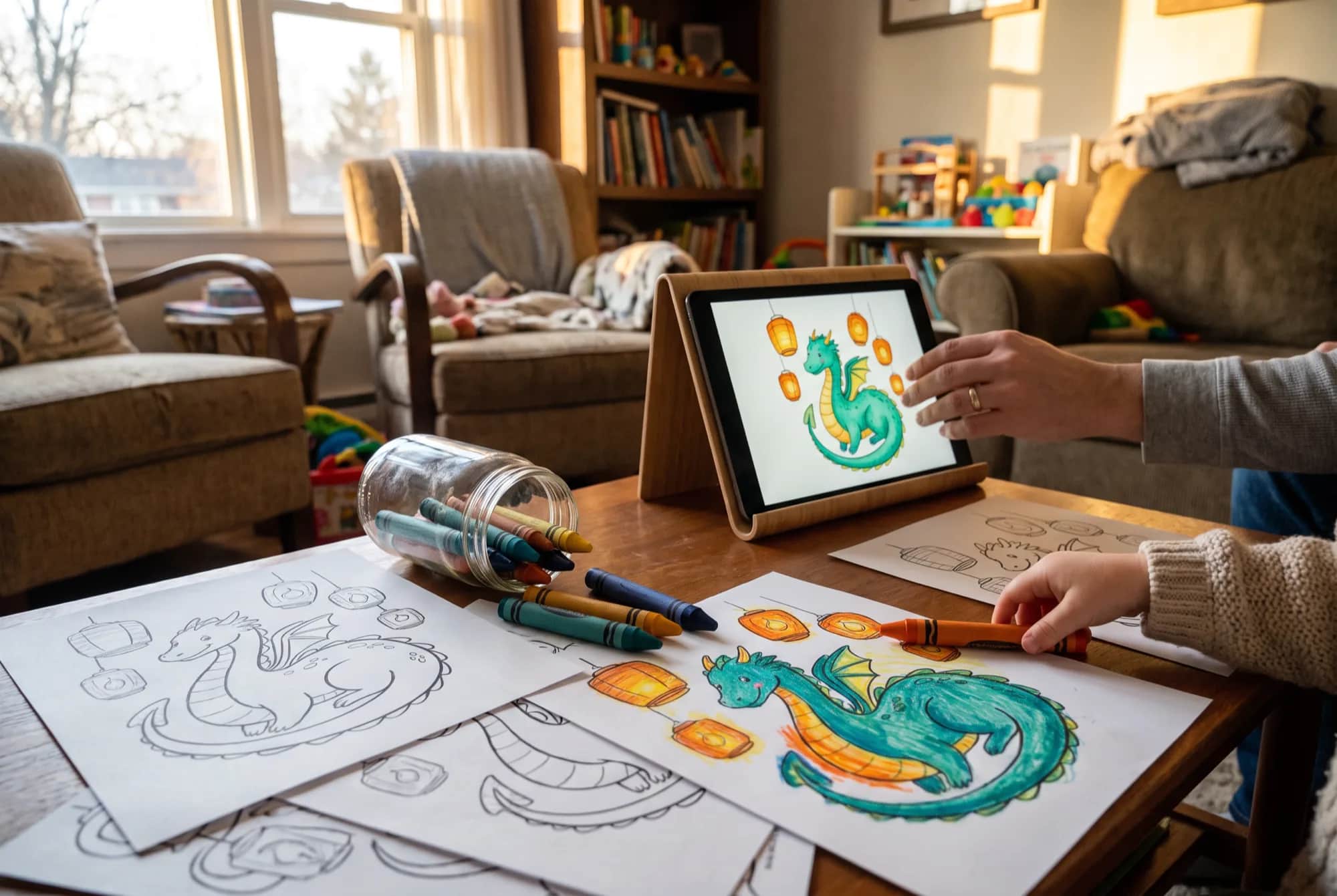 A living room at golden hour: an adult hand setting down a tablet showing a dragon storybook page, while a child's hand reaches for an orange crayon beside printed line-art pages, one of them colored in.