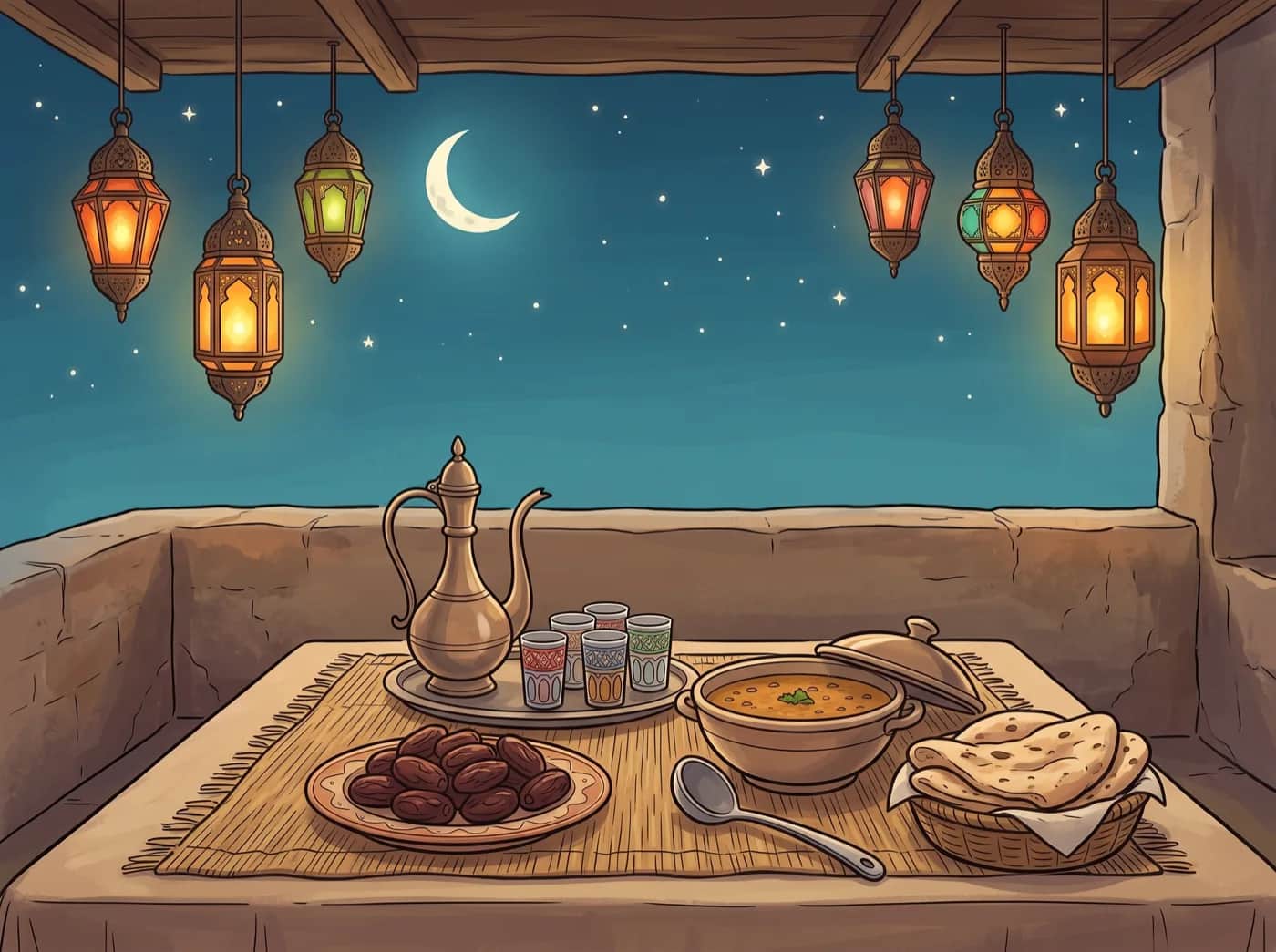 Ramadan & Eid — Lanterns, the crescent, the first fast and a shared iftar. A seasonal collection.